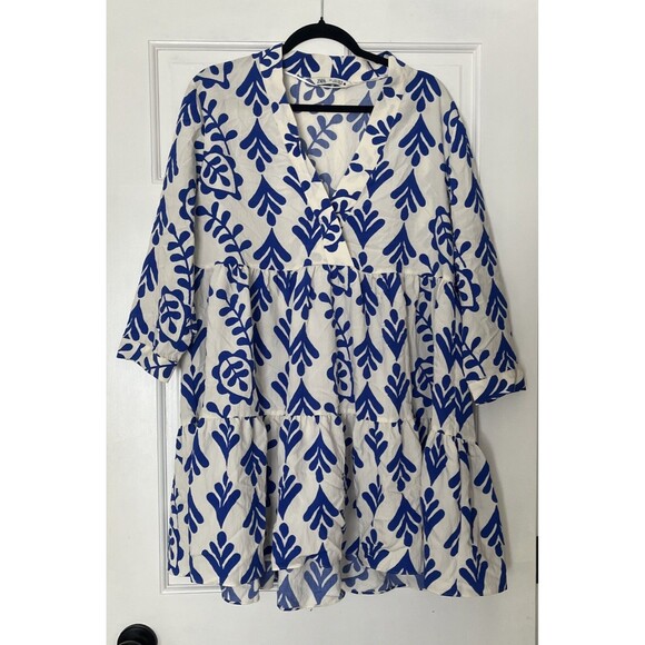 Zara Tiered Tunic Dress Large Carrie Babydoll Vine White Blue Beach Preppy Blog - Picture 2 of 9